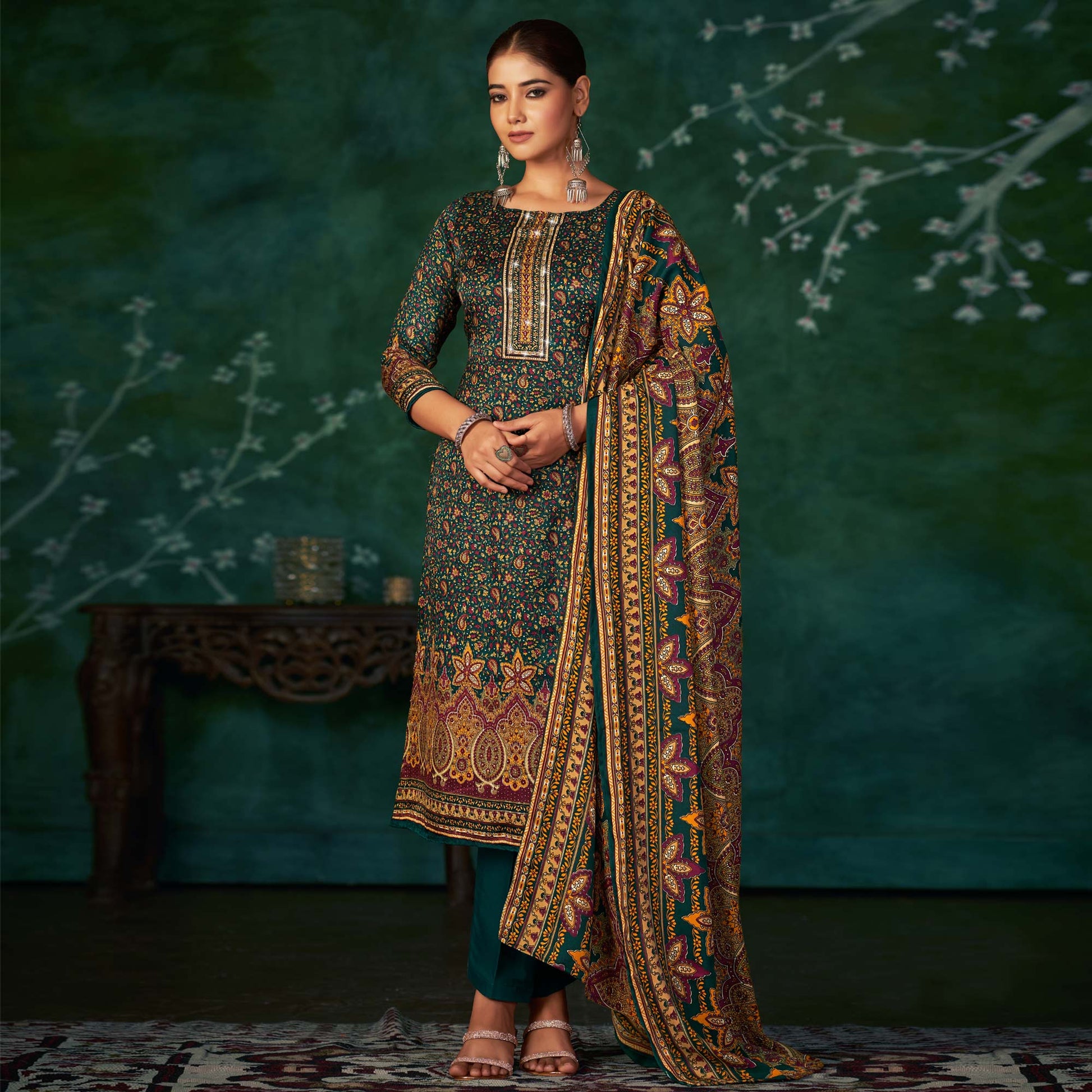 Morpich Floral Printed With Swarovski Work Pashmina Suit