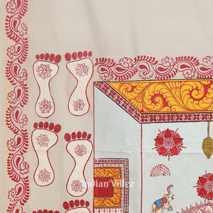 White Maa Laxmi  Gurubara Manabasa Theme Hand-Painted Pattachitra Saree