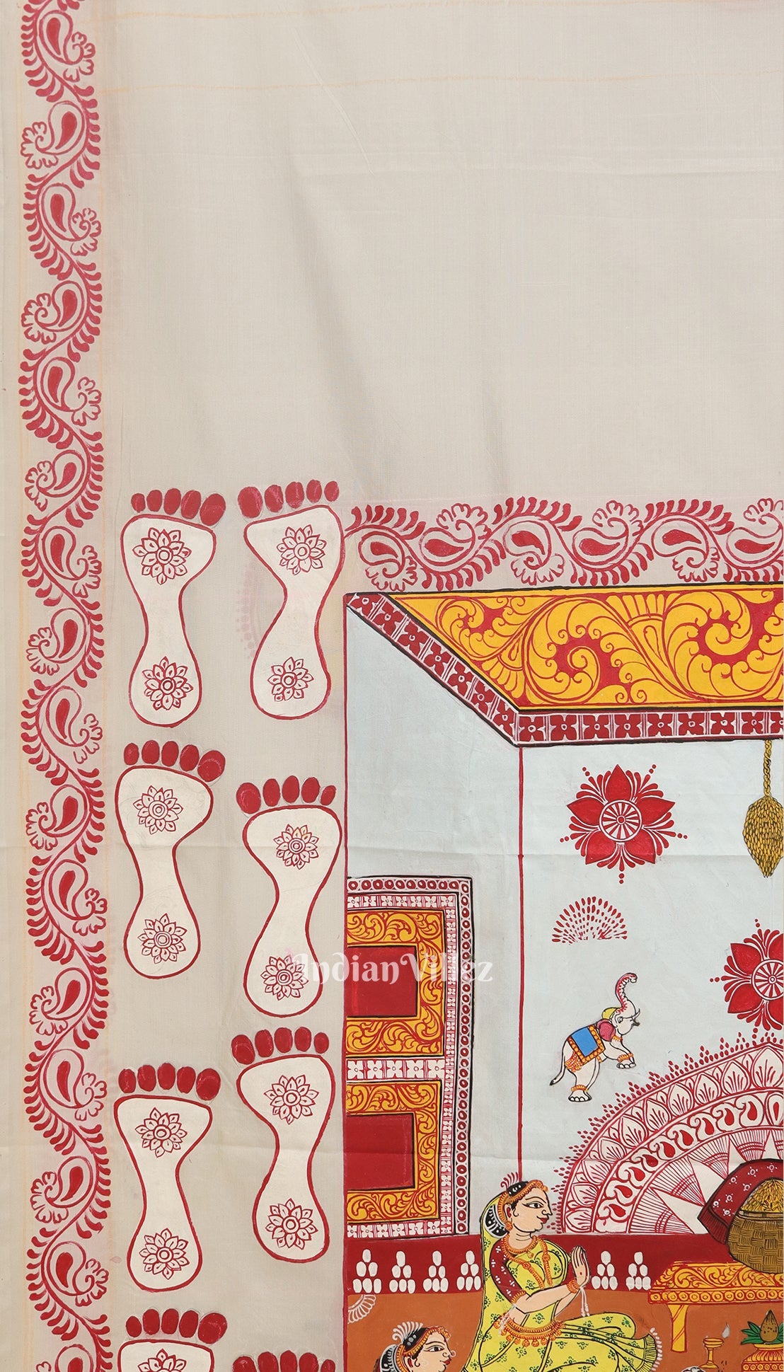 White Maa Laxmi  Gurubara Manabasa Theme Hand-Painted Pattachitra Saree