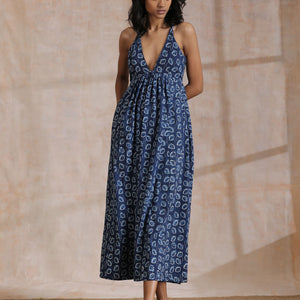 Indigo Dabu Floral Print Cotton Sleeveless Dress | Relove