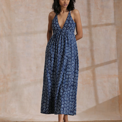 Indigo Dabu Floral Print Cotton Sleeveless Dress | Relove