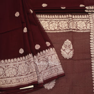 Wine Purple Pure Khaddi Chiffon Banarasi Saree
