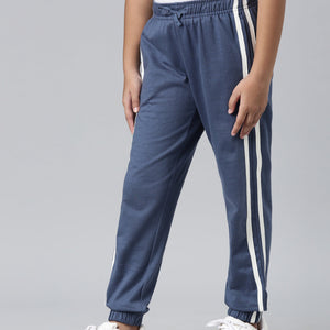 Girls Printed Blue Mid Rise Cotton Joggers