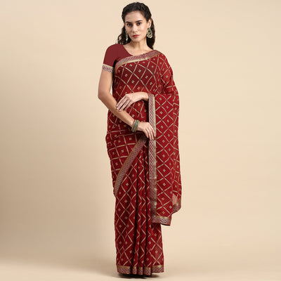 Maroon Floral Foil Printed Zomato Saree