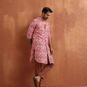 trueBrowns Men's Beige Printed Front Open Kurta