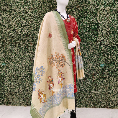 Cream Green Mastya Kanya Hand-Painted Tussar Pattachitra Dupatta