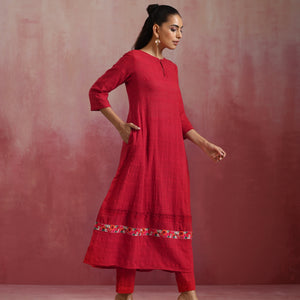 trueBrowns Red Cotton Dobby Flared Kurta Set