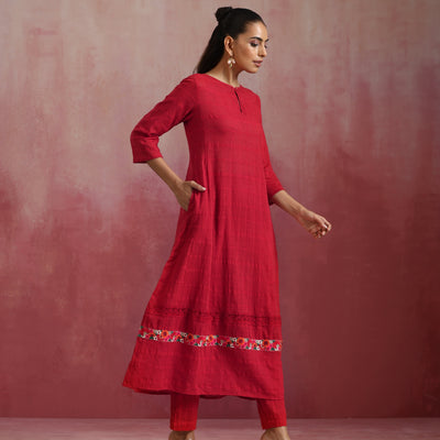 trueBrowns Red Cotton Dobby Flared Kurta Set