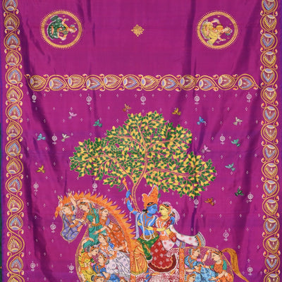 Purple Hand-Painted Kandarpa Ashwa (Horse) Pattachitra Saree