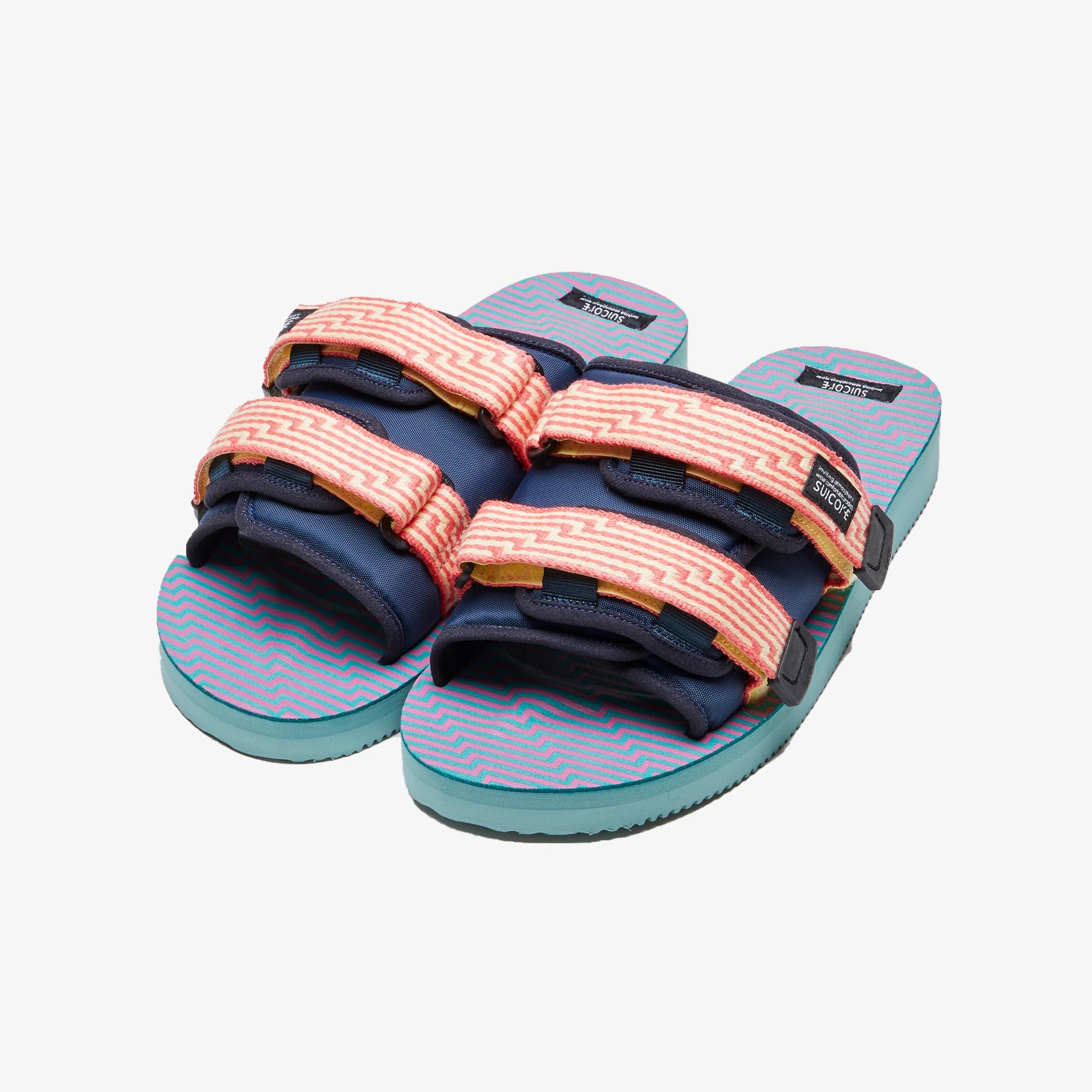 Suicoke | MOTO JACQUARD TOUCH-STRAP  { NAVY BLUE/CORAL PINK/SEA GREEN