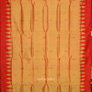 Golden Red Fish Motif Double Pallu Berhampuri Silk Saree