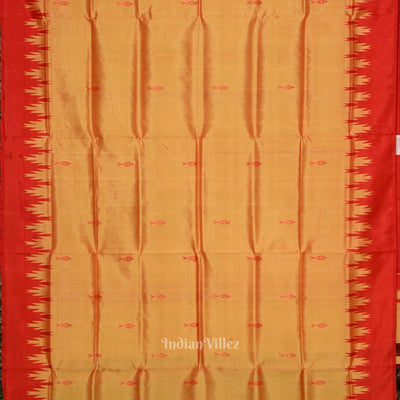 Golden Red Fish Motif Double Pallu Berhampuri Silk Saree