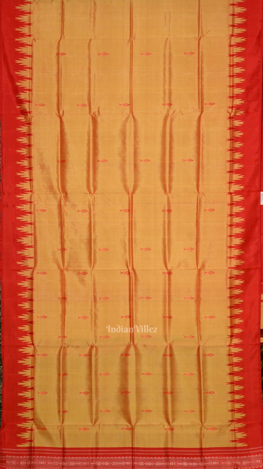 Golden Red Fish Motif Double Pallu Berhampuri Silk Saree