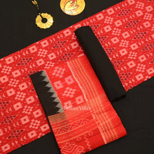 Red Black Odisha Ikat Sambalpuri Dress Set & Dupatta