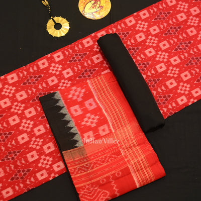 Red Black Odisha Ikat Sambalpuri Dress Set & Dupatta