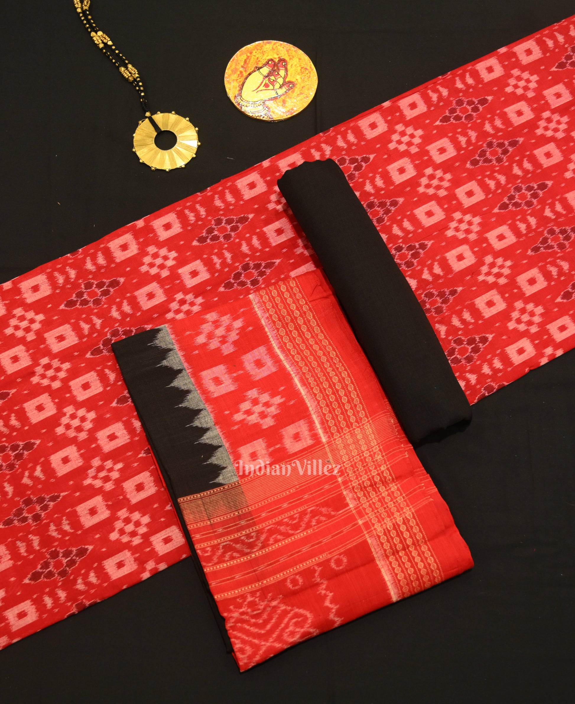 Red Black Odisha Ikat Sambalpuri Dress Set & Dupatta