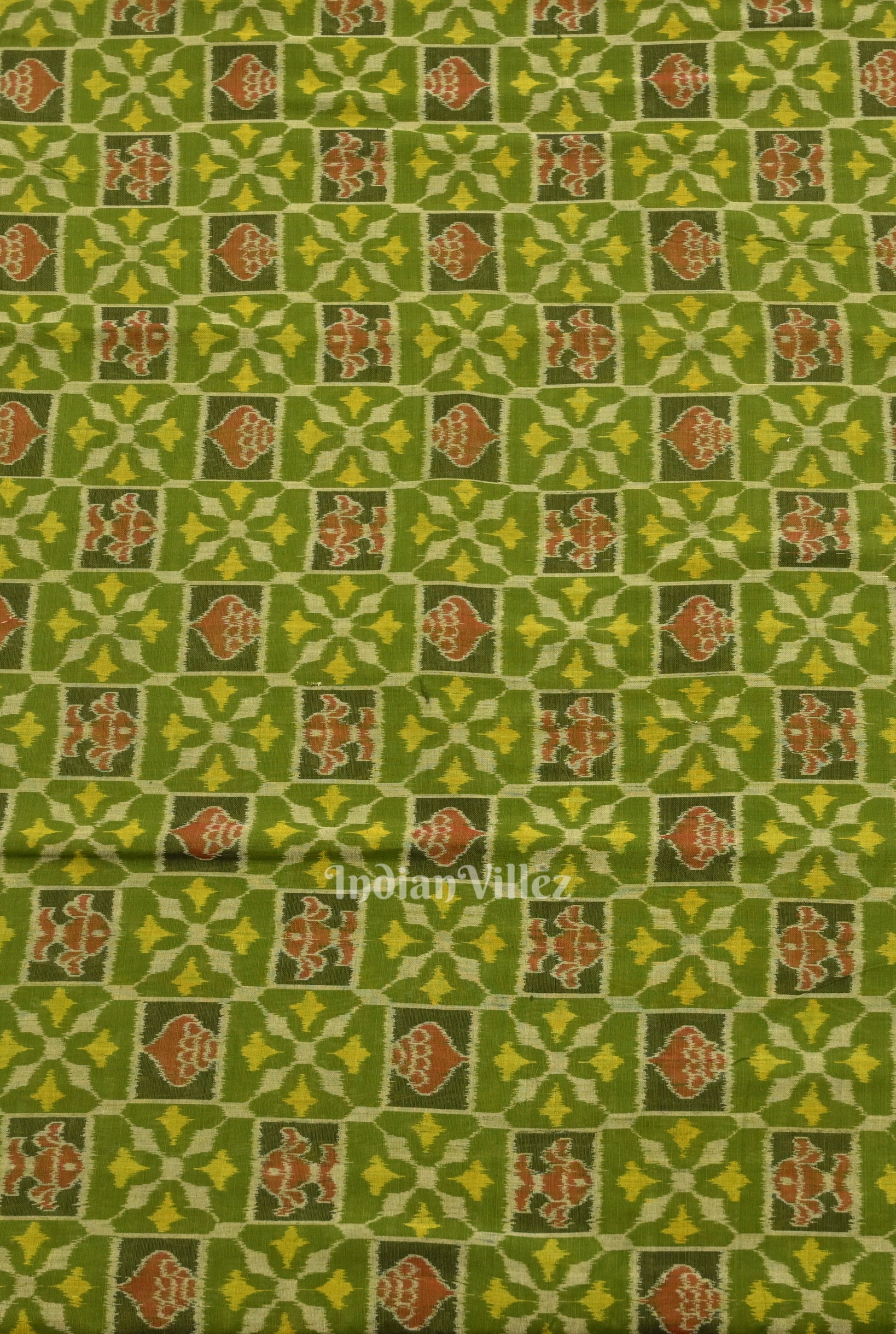 Mehendi Green Sankha Flowers Motif Sambalpuri Ikat Cotton Fabric