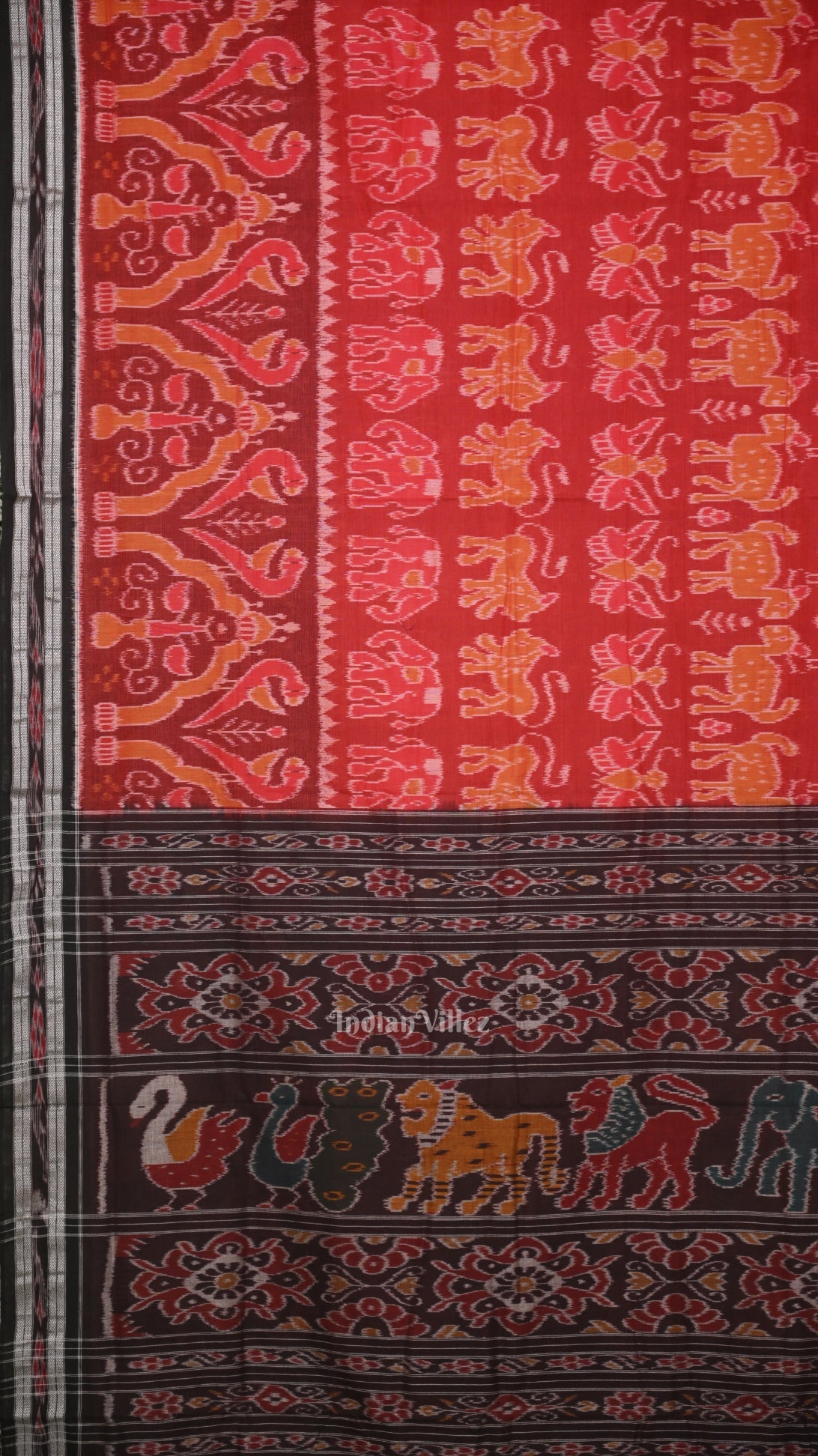 Red Black Jungle Theme Odisha Ikat Sambalpuri Cotton Saree