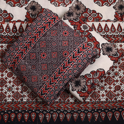 Brown - 3pc Ajrakh Block Printed Natural Dyed Cotton Suit Material Set 05