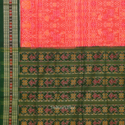 Peach Pink with Green Sambalpuri Cotton saree