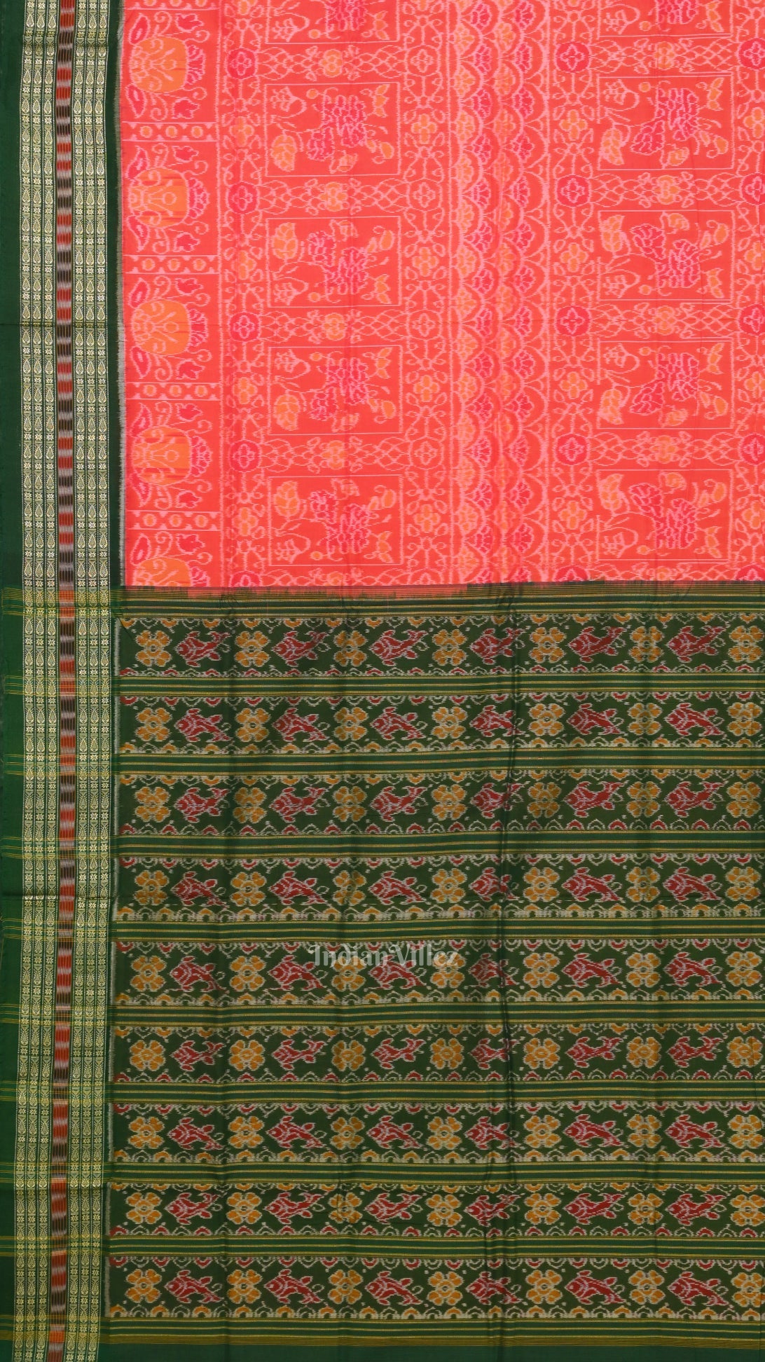 Peach Pink with Green Sambalpuri Cotton saree