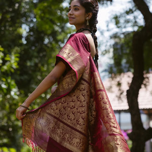 Crimson Handloom Kanchi Cotton Saree With Elephants, House and Lady Motifs in Border