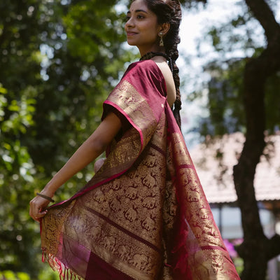 Crimson Handloom Kanchi Cotton Saree With Elephants, House and Lady Motifs in Border