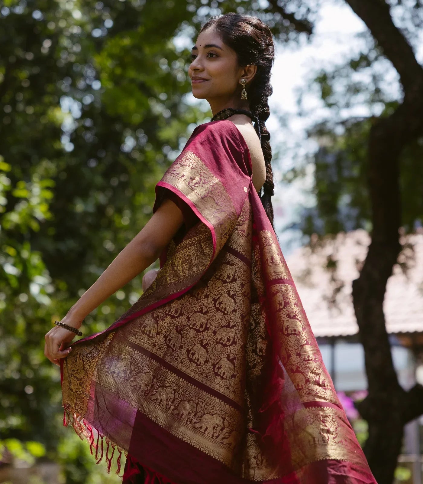 Crimson Handloom Kanchi Cotton Saree With Elephants, House and Lady Motifs in Border