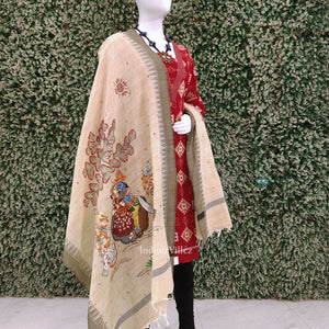 Cream Beige Radha Krishna Raasleela Tussar Pattachitra Dupatta