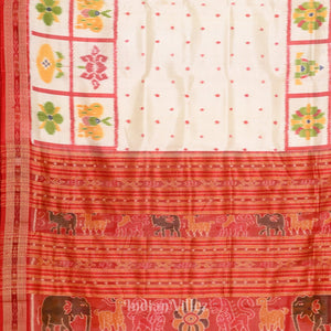 White Red Animal Theme Odisha Handloom Khandua Silk Saree