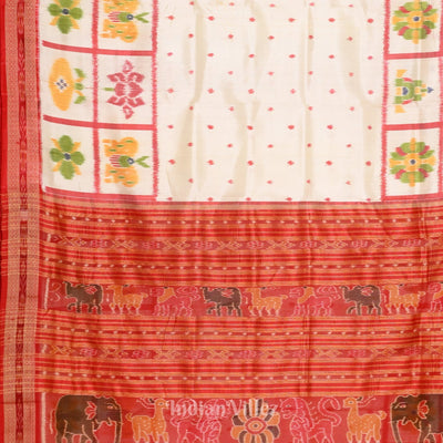 White Red Animal Theme Odisha Handloom Khandua Silk Saree