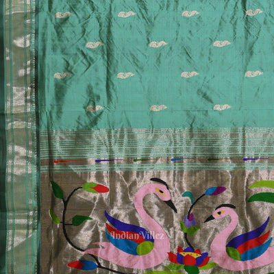 Teal Blue Peacock Butti Paithani Silk Saree