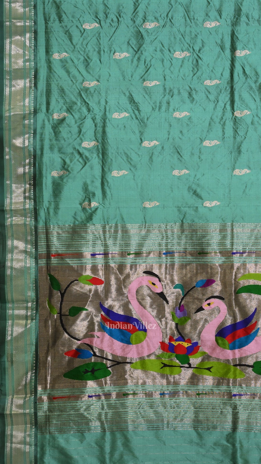 Teal Blue Peacock Butti Paithani Silk Saree