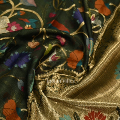 Bottle Green Pure Jamdani Banarasi Kota Silk Saree