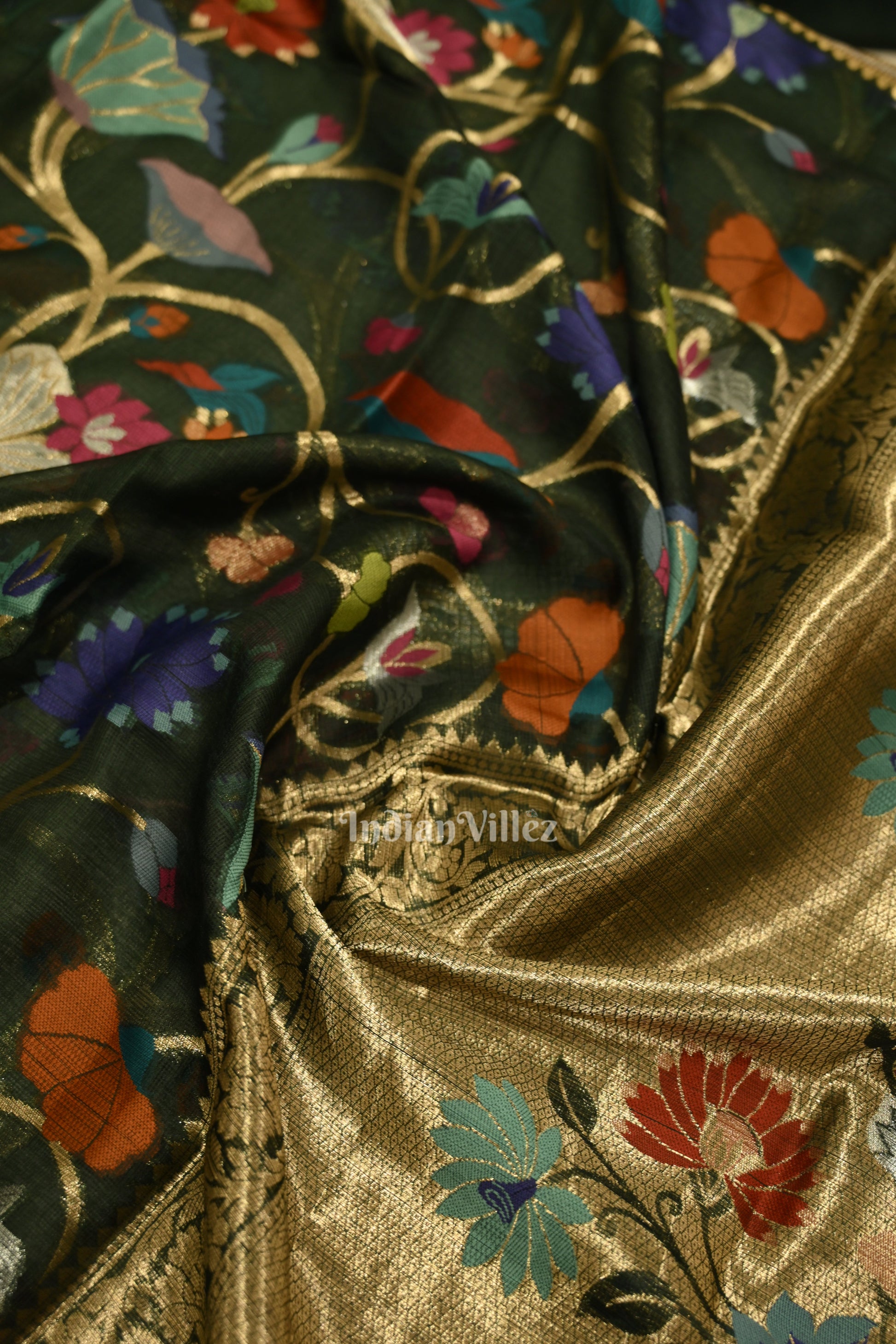 Bottle Green Pure Jamdani Banarasi Kota Silk Saree