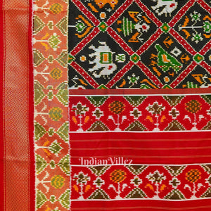 Black With White Elephant Design Silk Handloom Pochampally Ikat Saree