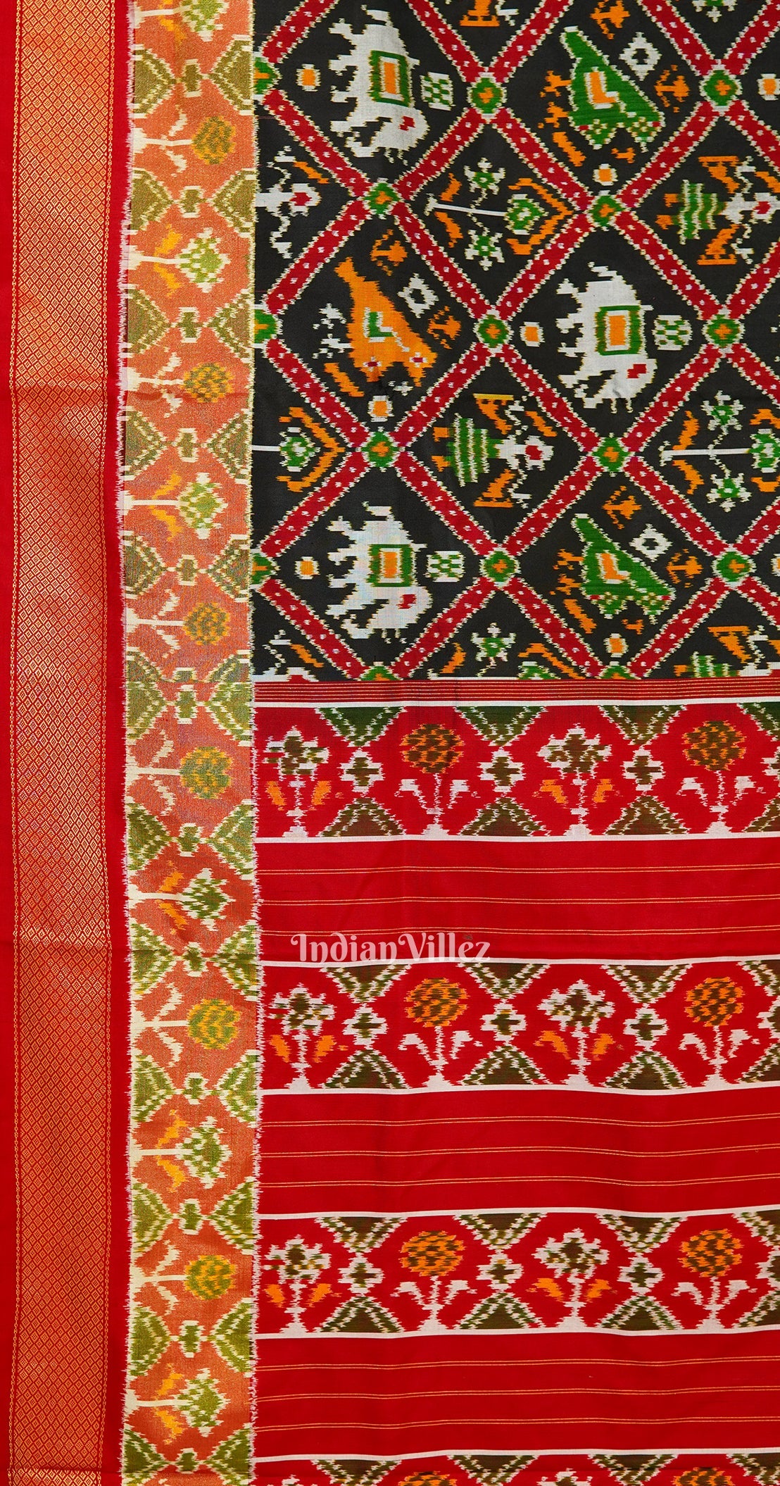 Black With White Elephant Design Silk Handloom Pochampally Ikat Saree