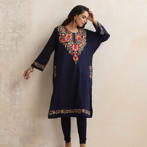 trueBrowns Blue Kashmiri Embroidered Woollen Phiran Kurta