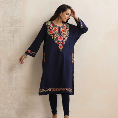 trueBrowns Blue Kashmiri Embroidered Woollen Phiran Kurta