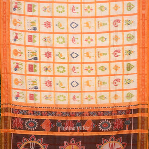 White Nabakothi Jagannath Theme Odisha Ikat Khandua Silk Saree