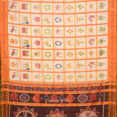White Nabakothi Jagannath Theme Odisha Ikat Khandua Silk Saree