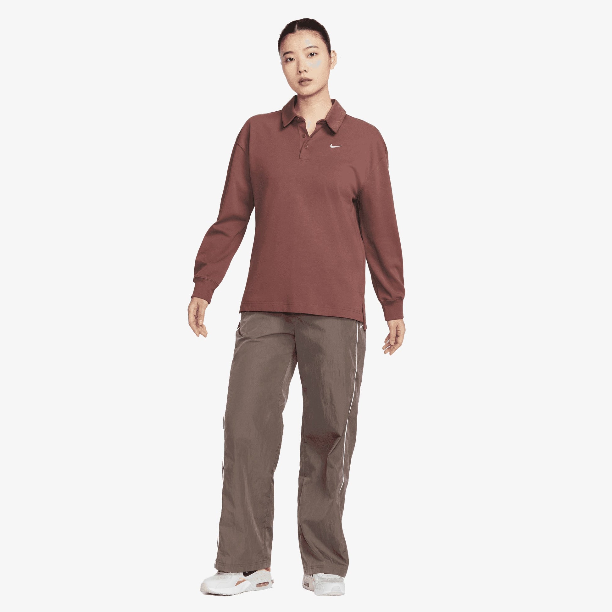 NIKE | OVERSIZED LONG-SLEEVE POLO { RED SEPIA/SAIL