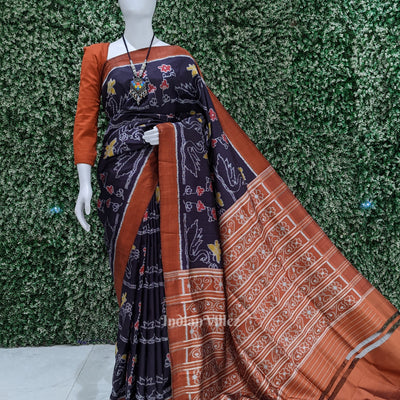 Midnight Blue Floral Contemporary Designer Ikat Silk Saree