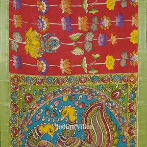 Red With Peacock Anchal Hand-Painted Natural Dye Cotton Kalamkari Saree