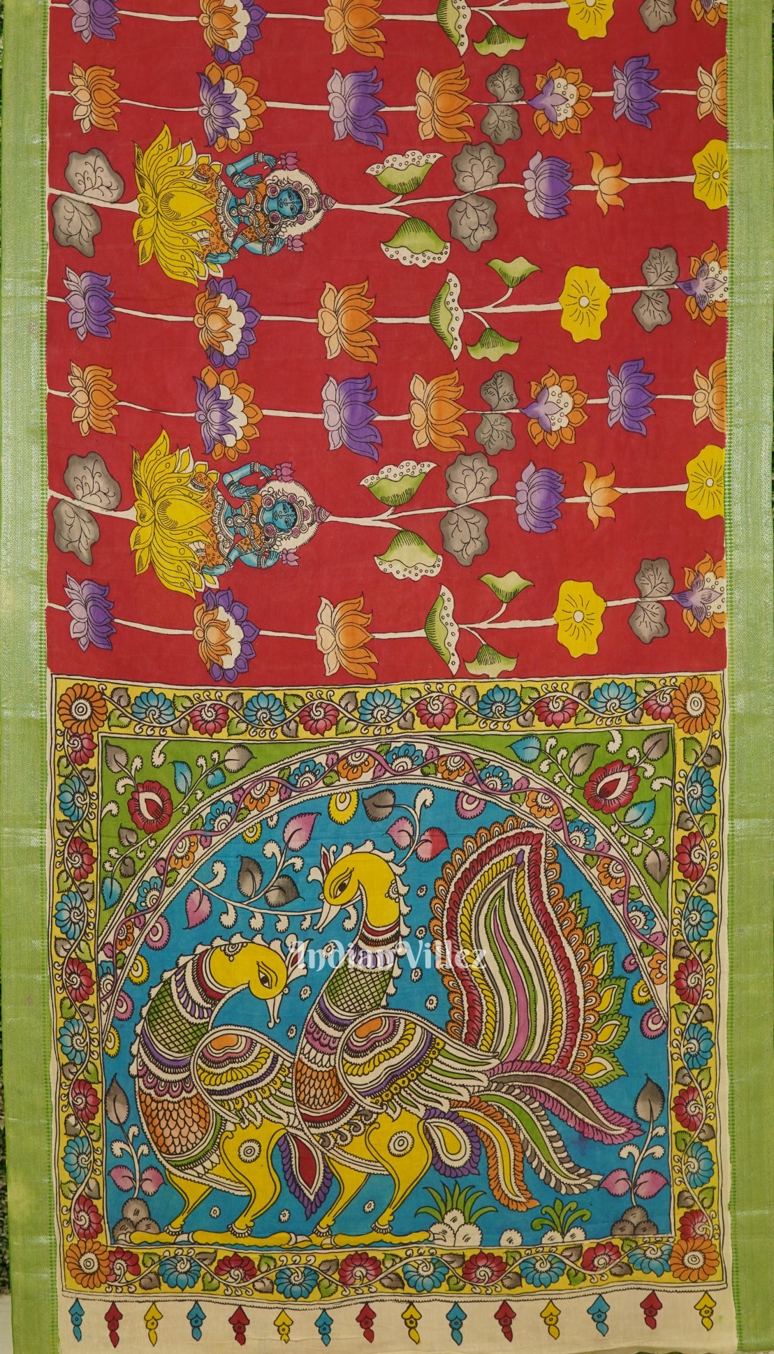 Red With Peacock Anchal Hand-Painted Natural Dye Cotton Kalamkari Saree