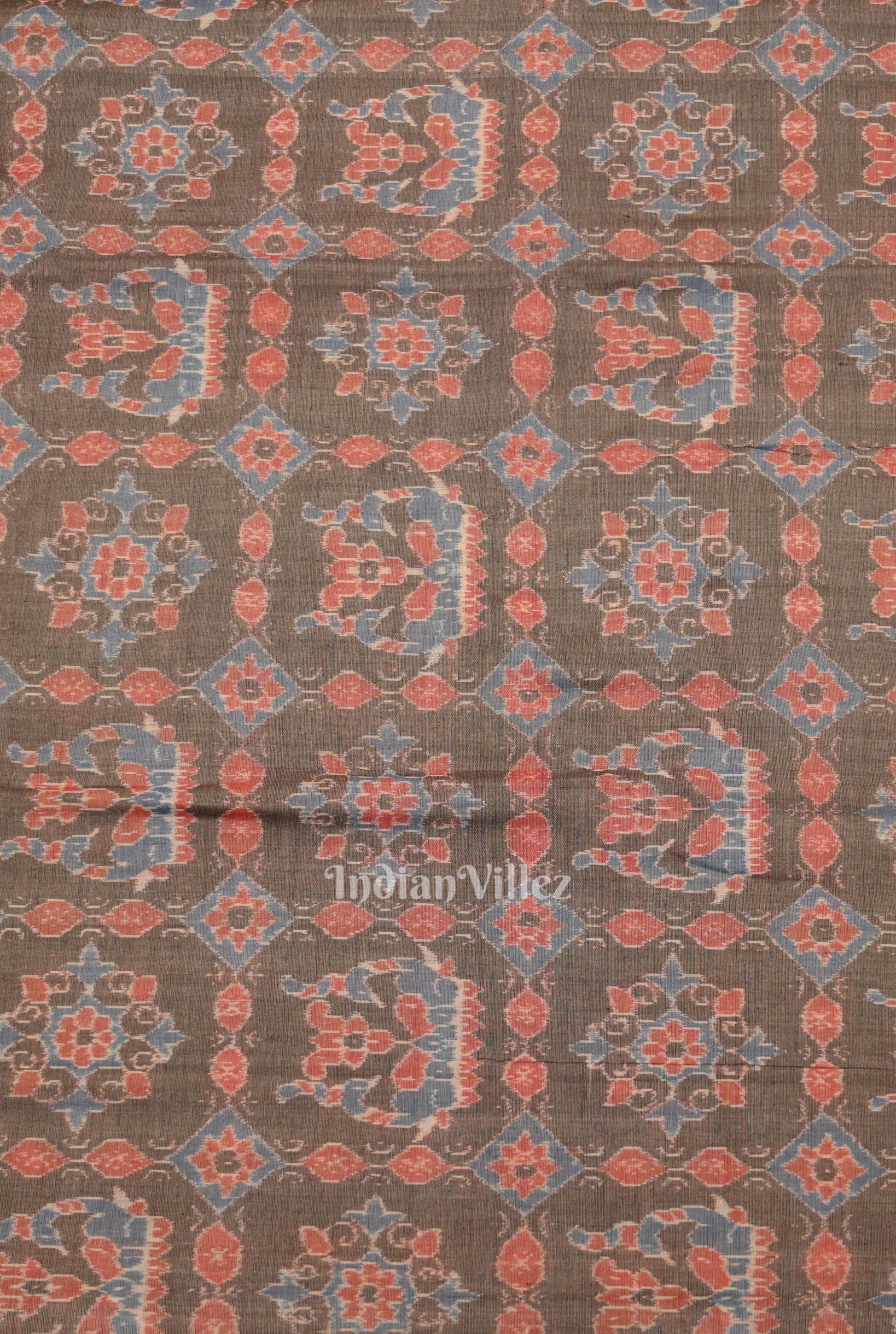 Cement Gray Black Fower Motif Sambalpuri Odisha Ikat Cotton Fabric