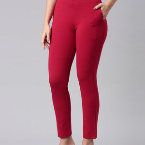 Women Solid Dark Red Mid Rise Smart Fit Kurti Pant