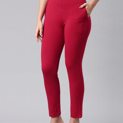 Women Solid Dark Red Mid Rise Smart Fit Kurti Pant