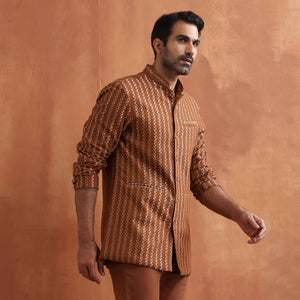 trueBrowns Men's Brown Cotton Dobby Long Jacket