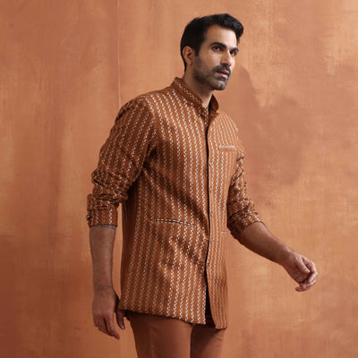trueBrowns Men's Brown Cotton Dobby Long Jacket